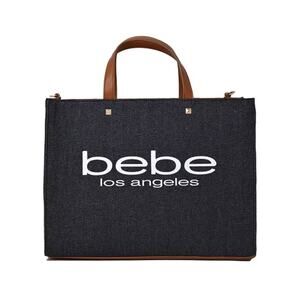 Bebe Los Angeles Dark Denim Tote Bag NWT Large Logo Satchel Brown Handles